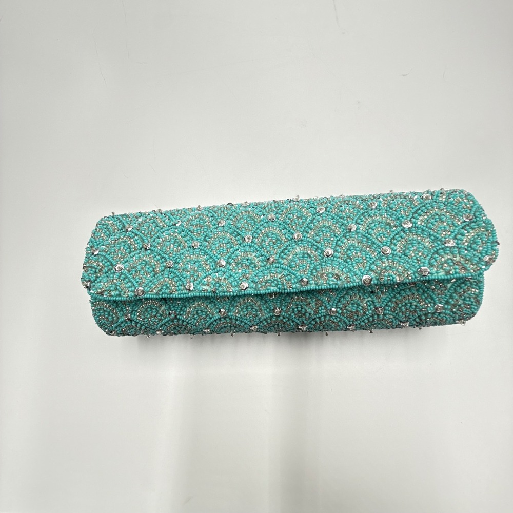 Lord & Taylor Turquoise Beaded Scallop Clutch Evening Bag NWT 94351